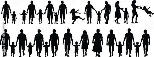 Vector illustration of family silhouettes showing adults and children walking, playing, lifting, and bonding symbolizing care, identity, diversity, culture, and education