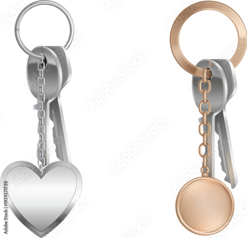 Detailed metal door keys isolated on light gray background vector