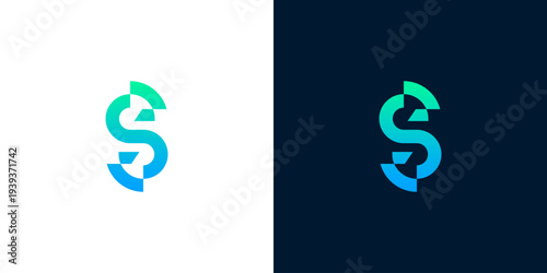 Stylized S-shaped financial logo design in blue and green gradient on white and dark backgrounds