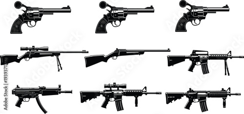 Vector illustration of firearm silhouettes including revolvers, rifles, assault rifles, and submachine guns symbolizing design, identity, diversity, and education