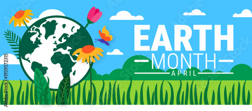 Earth Month April Celebration Banner with Planet Earth, Vibrant Spring Flowers, and Butterfly, Environmental Awareness and Nature Conservation Background for Social Media and Web Design