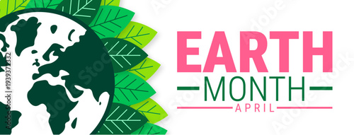 Earth Month April Celebration Banner with Planet Earth Icon and Vibrant Green Leaf Background, Environmental Awareness and Sustainability Header for Social Media and Web Design