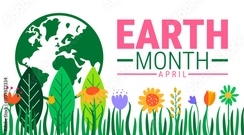 Earth Month April Celebration Banner with Planet Earth, Vibrant Spring Flowers, and Butterfly, Environmental Awareness and Nature Conservation Background for Social Media and Web Design