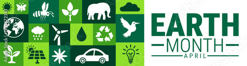 Earth Month April Celebration Banner with Sustainable Icon Grid Featuring Wildlife, Solar Energy, and Recycling Symbols, Environmental Awareness Header for Social Media and Web Design