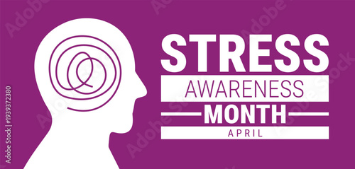 Stress Awareness Month April Celebration Banner with Human Head Silhouette and Spiral Brain Graphic, Mental Health Wellness Support Background for Social Media and Web Headers