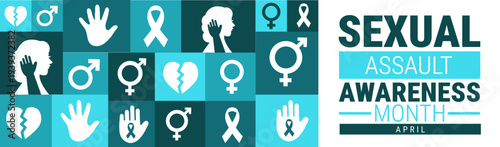 Sexual Assault Awareness Month April Celebration Banner with Icon Grid Featuring Teal Ribbon, Gender Symbols, and Heart, Support and Advocacy Background for Social Media