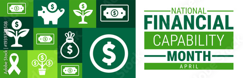 National Financial Capability Month April Banner with Financial Growth Grid Featuring Piggy Bank, Plant, and Money Bag Icons for Wealth Management Literacy