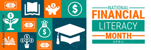 National Financial Literacy Month April Banner or background. Orange and Teal Diamond Grid Graphic Featuring Finance Icons Like Piggy Banks, Graduation Caps, and Money Plants for Wealth and Education 