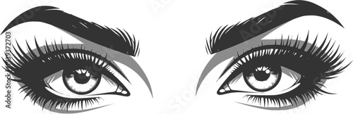 Dramatic stylized black and white human eyes with prominent eyelashes and defined eyebrowsDramatic stylized black and white human eyes with prominent eyelashes and defined eyebrows