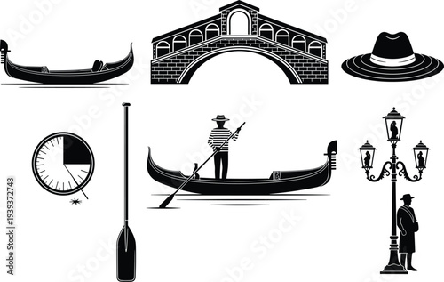 Venice travel icons set gondola Rialto bridge gondolier hat lantern clock oar street lamp Italian city vector illustration collection