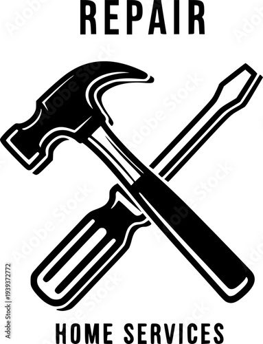 Stylized black and white drawing of a hammer and screwdriver