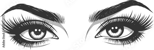 Dramatic stylized black and white human eyes with prominent eyelashes and defined eyebrows