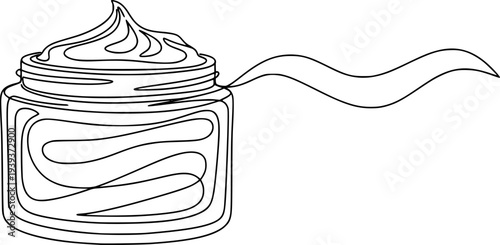 Continuous line drawing of a cosmetic cream jar with swirled product and a flowing wavy line