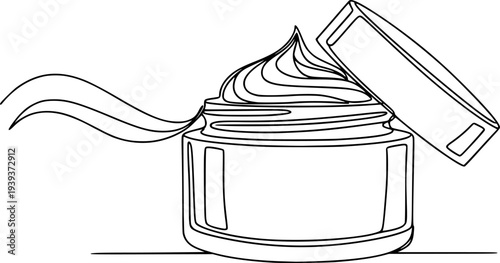 Continuous line drawing of a cosmetic cream jar with swirled product and a flowing wavy line