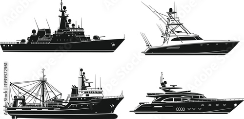 Vector illustration of stylized ship silhouettes symbolizing naval defense, fishing, leisure, identity, culture, tradition, inclusivity, and education