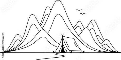 Simple line drawing featuring abstract mountain peaks and a camping tent evoking outdoor adventure and travel for recreation and leisure themes
