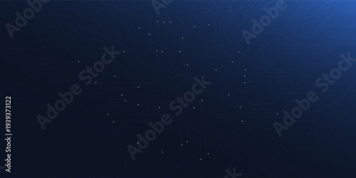 Futuristic technology background featuring an abstract circuit board pattern with glowing blue lines radiating from the center on a dark blue gradient background.