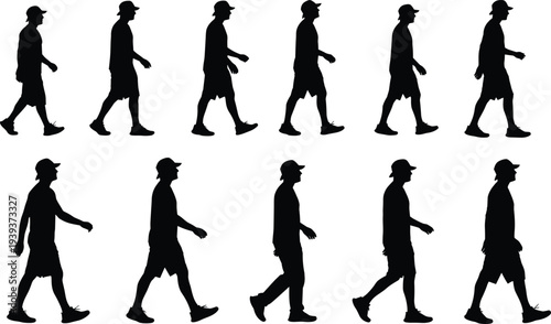 Walking cycle silhouettes sequence, vector illustration of human gait, biomechanics, posture study, exercise motion, animation artwork design