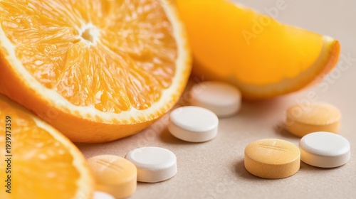 Fresh Orange Slices with Vitamin Supplements on Soft Background