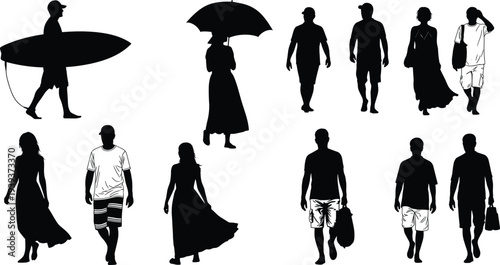 Walking people silhouette vector illustration, men women casual standing carrying umbrella surfboard bags diverse poses isolated design for stock discoverability