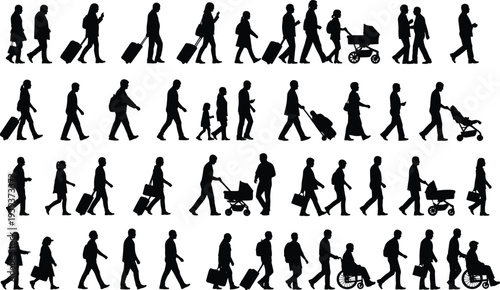 Walking people silhouette vector illustration, pedestrians suitcases strollers wheelchairs diverse mobility posture decorative isolated design for stock discoverability