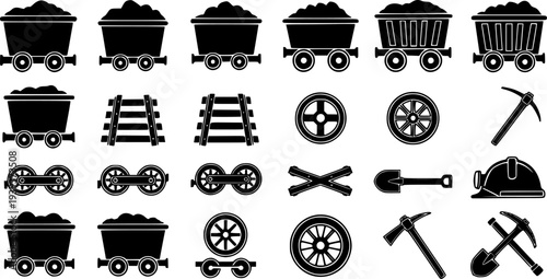 Essential mining and railway vector icons featuring various mine carts, track elements, wheels, and tools