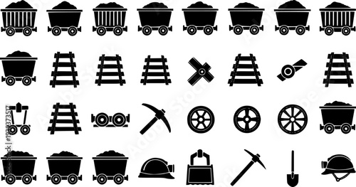 Essential mining and railway vector icons featuring various mine carts, track elements, wheels, and tools