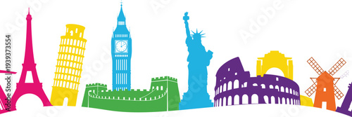 World famous landmarks colorful silhouette vector illustration, Eiffel Tower Pisa Big Ben Great Wall Statue Liberty Colosseum Arc Triomphe Windmill design