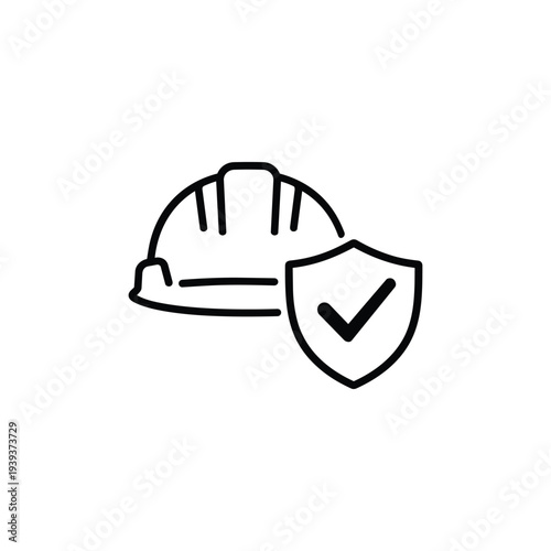 Work Safety Icon Hard Hat And Shield With Check Mark Black And White Vector Illustration