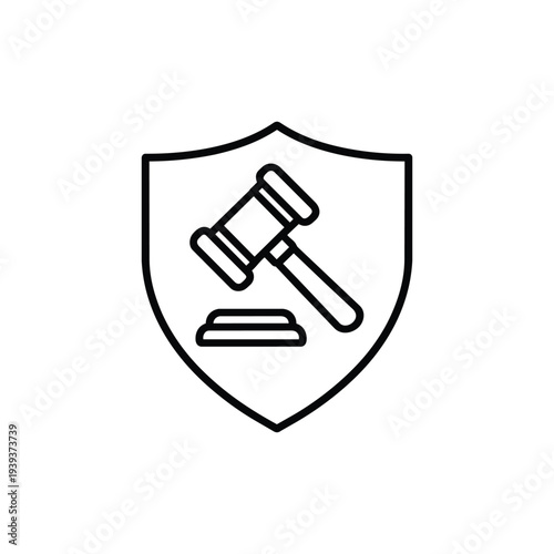 Work safety legal protection icon black and white vector shield with judge gavel symbol isolated on white background