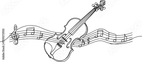 Continuous single line drawing of a classical violin instrument with an elegant wavy musical staff