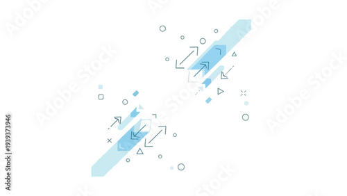 Infographic elements with arrows and symbols in shades of blue on a white background with a modern graphic design aesthetic.
