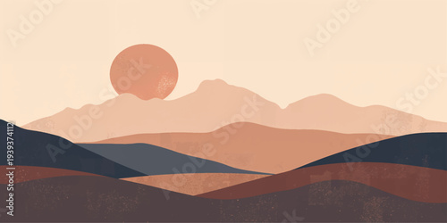 A serene orange sunset illuminates a mountain landscape with silhouettes of peaks under a misty yellow sky during a summer evening travel view