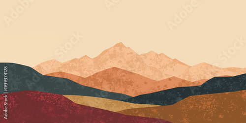 A sunset view of a misty mountain range with snowy peaks and silhouettes of hills in a vector illustration art style