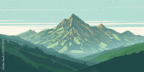 A beautiful vector illustration of a snow peak mountain landscape with a volcano and forest trees reflecting on a lake under a summer sky with clouds