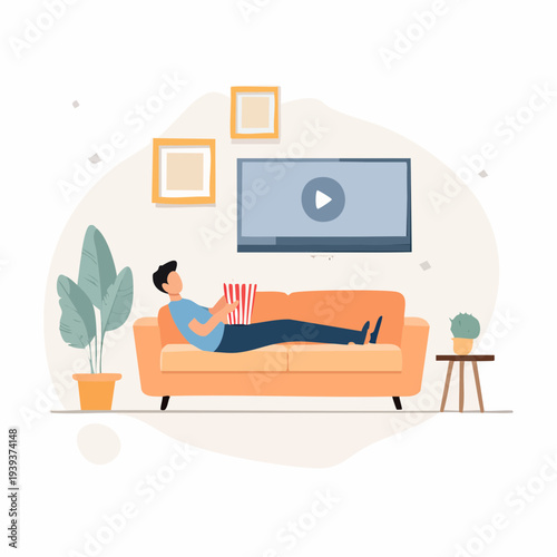Person Relaxing on Sofa Watching Streaming Movie on Smart TV in Cozy Living Room Vector Illustration