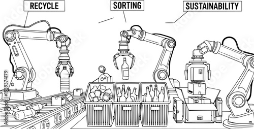 Robotic arms engaged in automated waste sorting and recycling processes for environmental protection and sustainable resource management suitable for technology and ecofriendly projects 