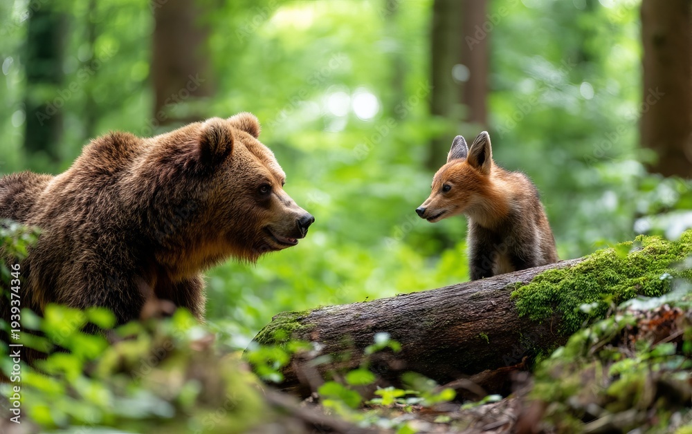 Fototapeta premium Curious Encounter Between Brown Bear and Red Fox in Lush Green Forest