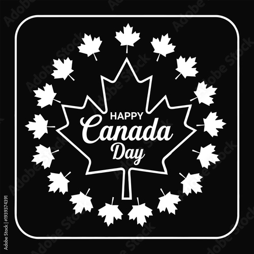 Happy Canada Day celebration with maple leaves and text on black background  national holiday
