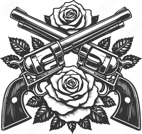 Crossed Revolvers with Roses Western Vintage Engraving Vector Illustration