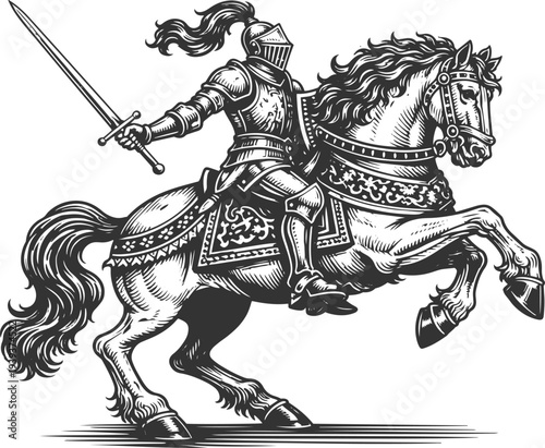 Medieval Knight Riding Horse with Sword Vintage Engraving Vector Illustration