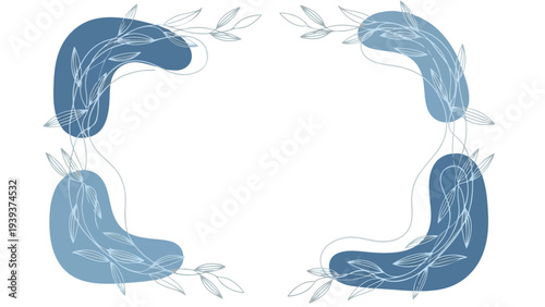 Illustration of a blue floral wreath border design on a white background with curved leafy elements.