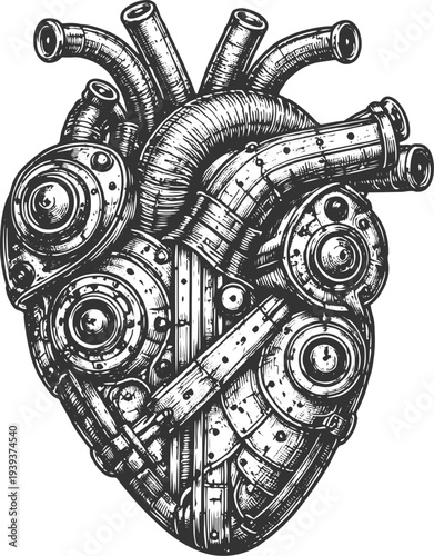 Mechanical Heart Steampunk Engine Vintage Engraving Vector Illustration