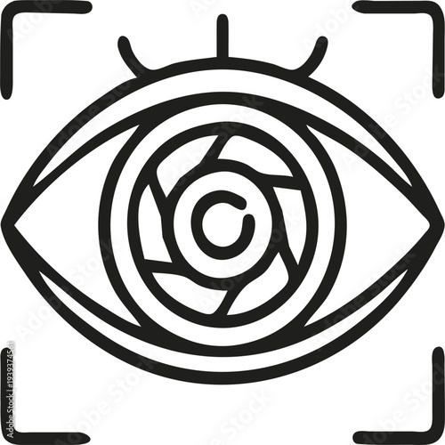 Computer vision icon with eye and camera lens. Image recognition and visual AI symbol, line style for technology design