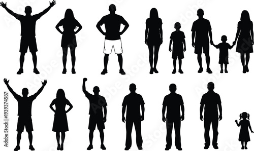 Black silhouettes of men, women, and children in diverse poses, family group icons with raised arms, standing, holding hands isolated on white background