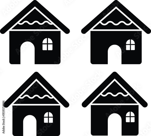 Vector illustration set of four black long cottage icons featuring wavy roof tile patterns arched doors and small attic windows
