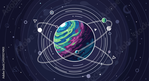 Abstract Planet with Orbital Rings and Satellites in Pixel Art Style