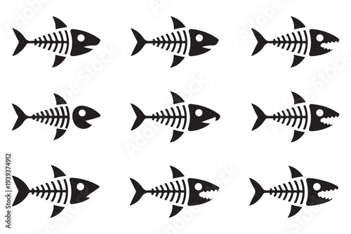 Collection of Stylized Fish Skeleton Icons - Graphic Elements for Marine, Halloween, and Scientific Concepts