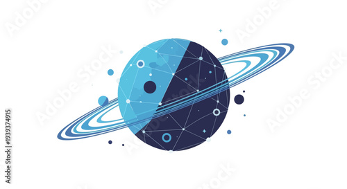 Abstract Planet with Rings and Network Connections, Digital Art