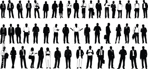 Business people silhouettes in formal attire, diverse professional poses, corporate standing figures, office illustration, vector design for workplace themes